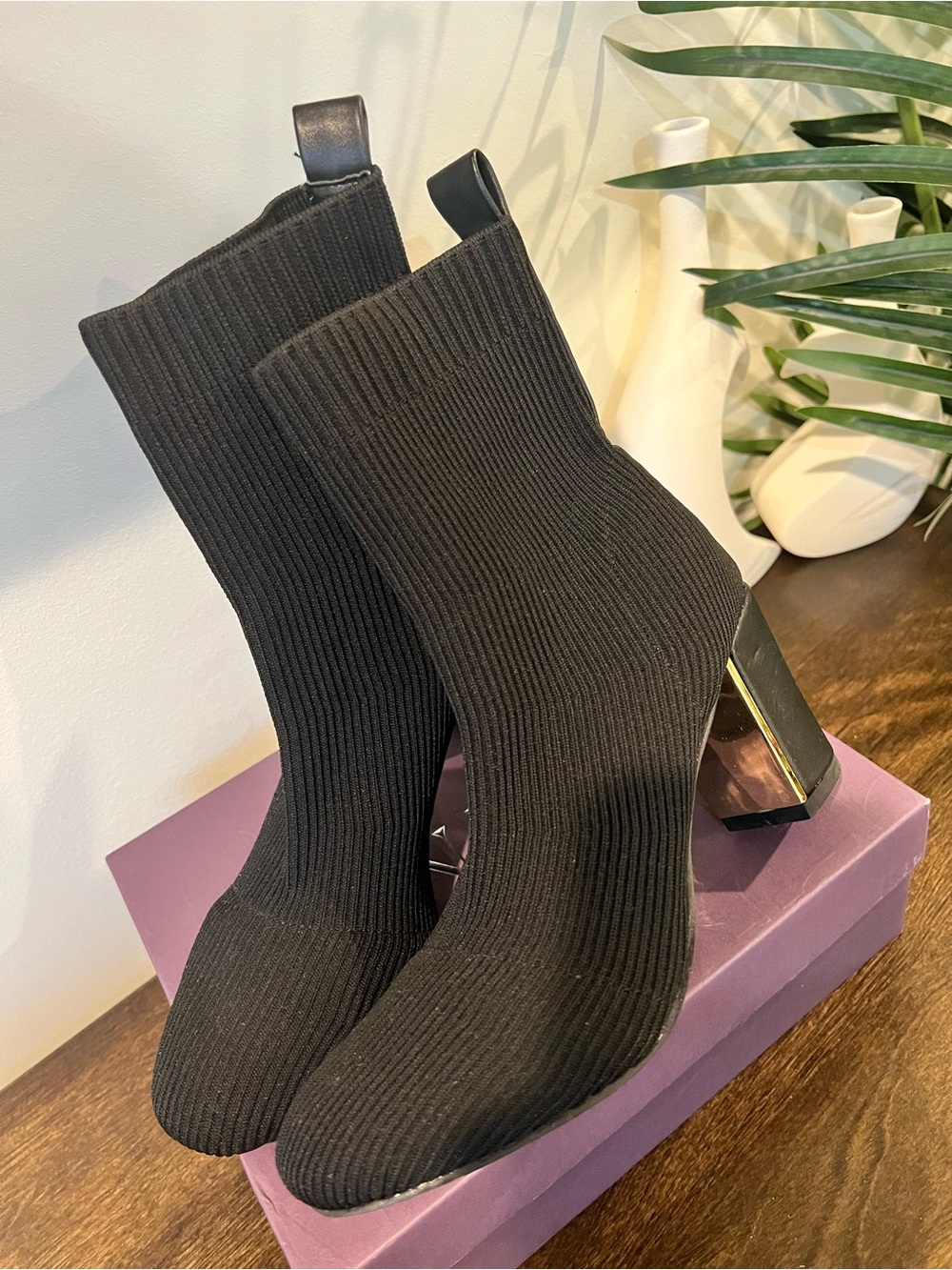 Charles & Keith Black Ribbed Sock Booties with Gloss Heel